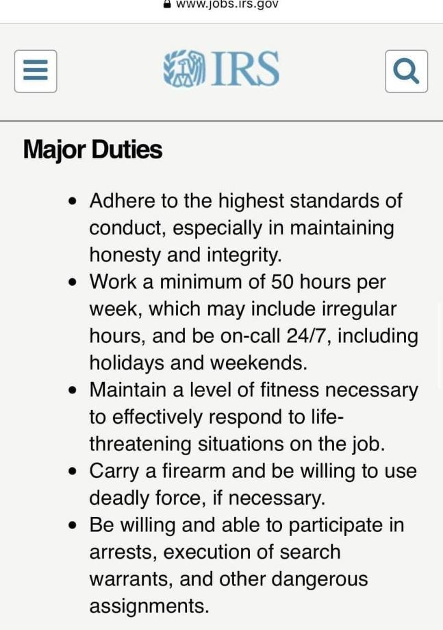 IRS Job Posting 'Applicants must be willing to use deadly force