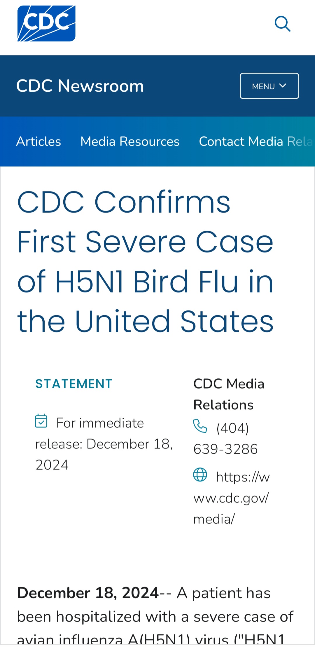 CDC confirms first human "severe" case of H5N1 (bird flu) Vigilant Links